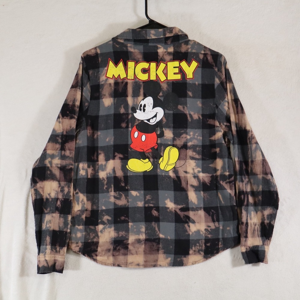 Disney Mickey Mouse XS Bleached Plaid Flannel Shirt Custom Acid Wash Graphic